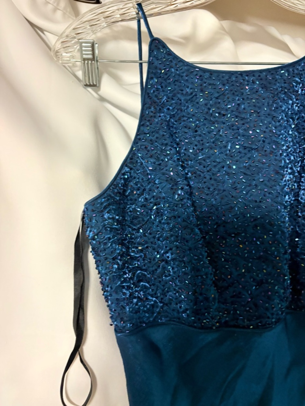 Betsy & Adam Teal Blue Sequin Halter Evening Gown - Picture 7 of 7